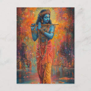 Lord Krishna spielt Flute Orange Blue Art Postkarte