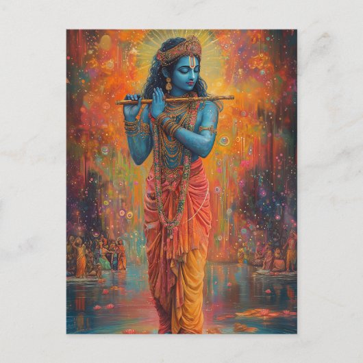 Lord Krishna spielt Flute Orange Blue Art Postkarte (Vorderseite)