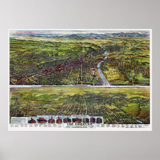 Los Angeles, CA Panorama Karte - 1894 Poster (Vorne)