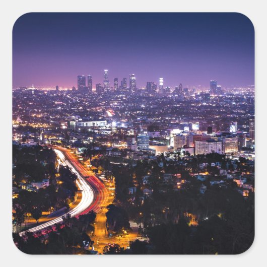Los Angeles, California Skyline in der Nacht Quadratischer Aufkleber (Vorderseite)