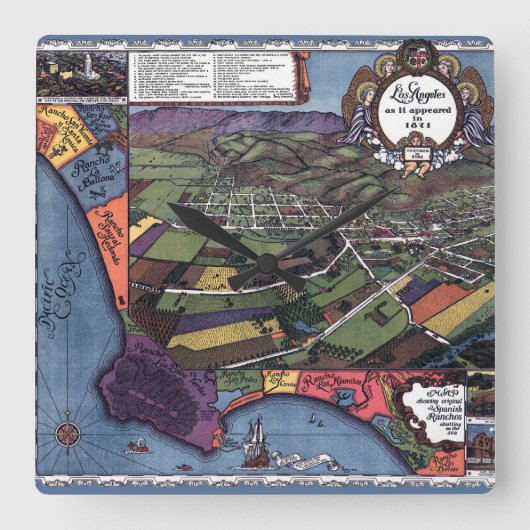 Los Angeles, Kalifornien, antike Luftkarte Quadratische Wanduhr (Vorderseite)