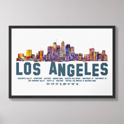 Los Angeles Skyline. Bereichsnamen und Koordinaten Fotodruck
