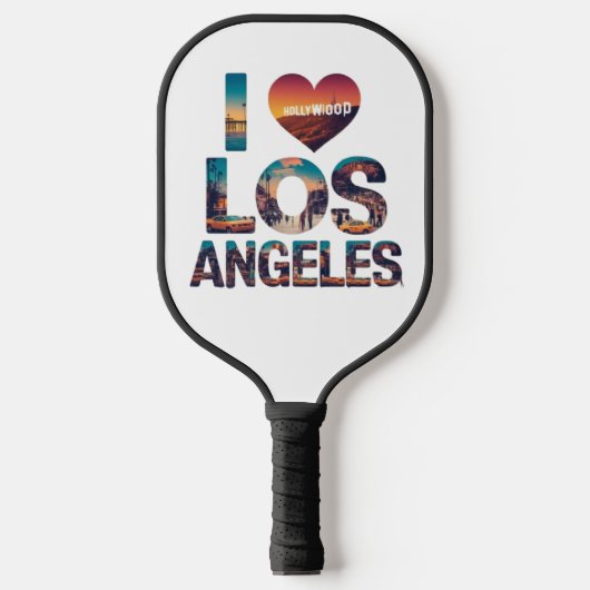 Los Angeles Skyline Sunset & Hollywood Typografie Pickleball Schläger (Vorderseite)