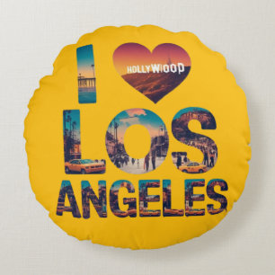 Los Angeles Skyline Sunset & Hollywood Typografie Rundes Kissen