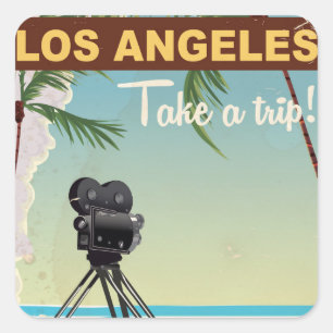 Los Angeles Vintage-Kamera Strand Reiseplakat Quadratischer Aufkleber