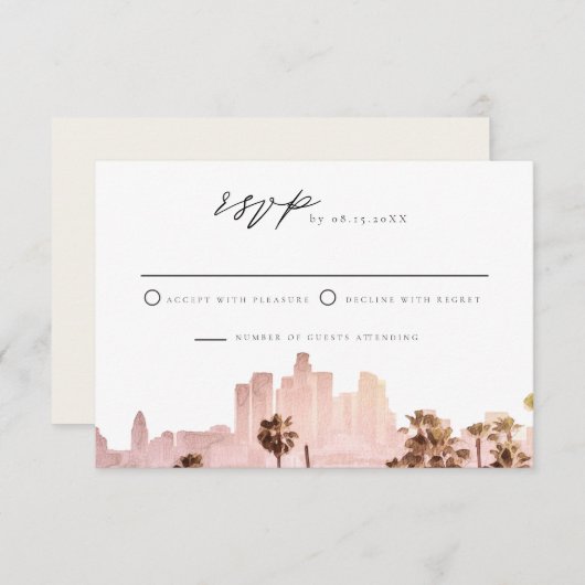 LOS ANGELES Watercolor Skyline Wedding RSVP Einladung (Vorne/Hinten)
