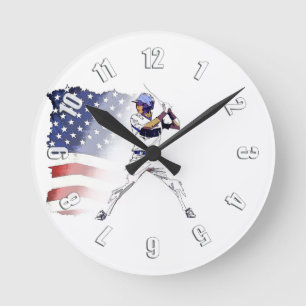 Los! - Baseball Player und US-Flagge Runde Wanduhr