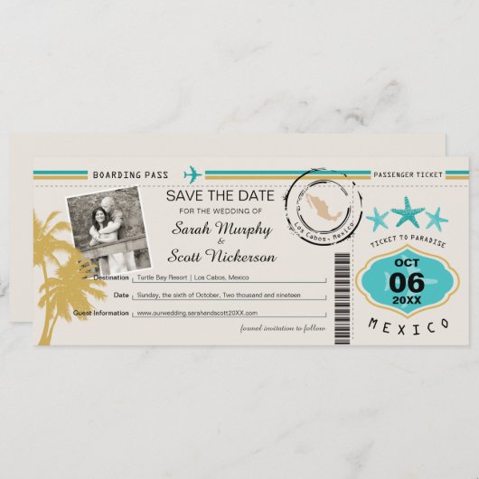 Los Cabos Mexiko Save the Date Boarding Pass (Vorne/Hinten)