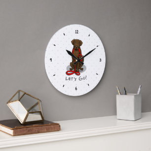 Los geht's! Flat-Coated Retriever Hund (liver) Große Wanduhr