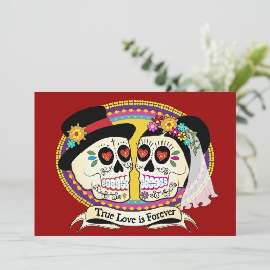Los Novios Sugar Skull Einladung (Englisch) (Stehend Vorderseite)
