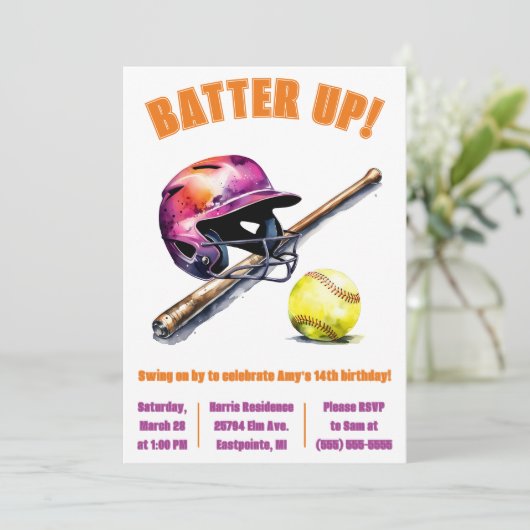 Los! Swing on By! Softball Birthday Party Einladung (Stehend Vorderseite)