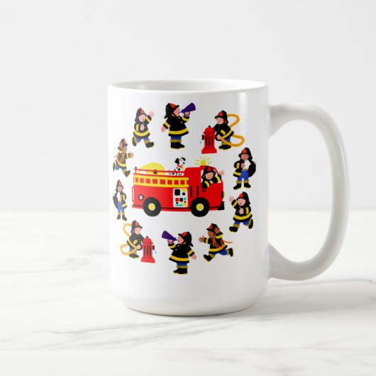 Löschfahrzeug mit beschäftigten Feuerwehrmännern Kaffeetasse (Rechts)