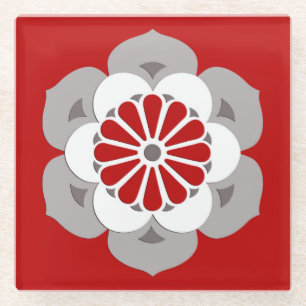 Lotos-BlumeMandala, dunkelrot, Grau und Weiß Glasuntersetzer