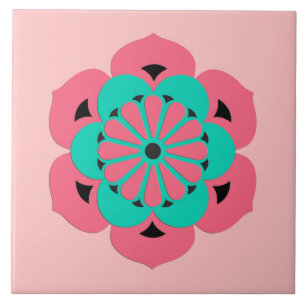 Lotos-BlumeMandala, korallenrotes Rosa und Türkis Fliese