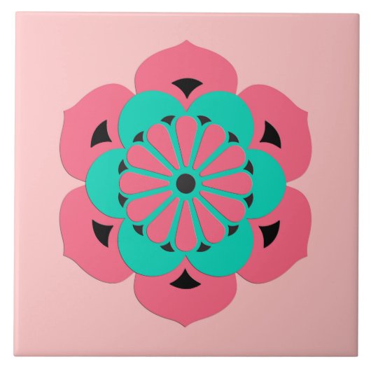 Lotos-BlumeMandala, korallenrotes Rosa und Türkis Fliese (Vorderseite)