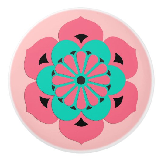 Lotos-BlumeMandala, korallenrotes Rosa und Türkis Keramikknauf (Vorderseite)
