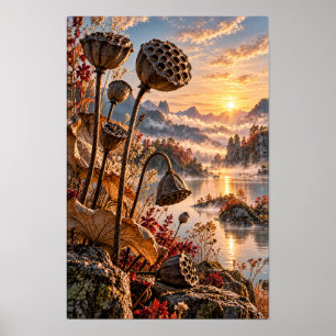 Lotos-Samenkapseln am Golden Sunrise Mountain Lake Poster