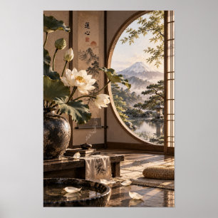 Lotos-Teeraum-Mount-Fuji-Zen-Garten-Wandkunst Poster