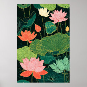 Lotosblumen-Kunstprint Moderne Linolschnitt Botani Poster