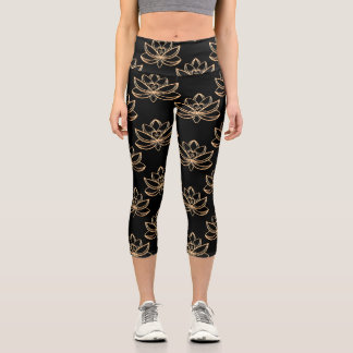Lotus 4 Scattered Black Background Capri Leggings