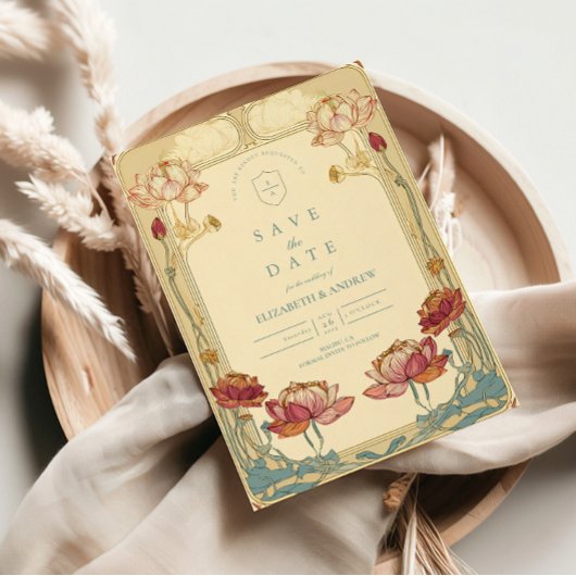 Lotus Art Nouveau Floral Wedding Save The Date
