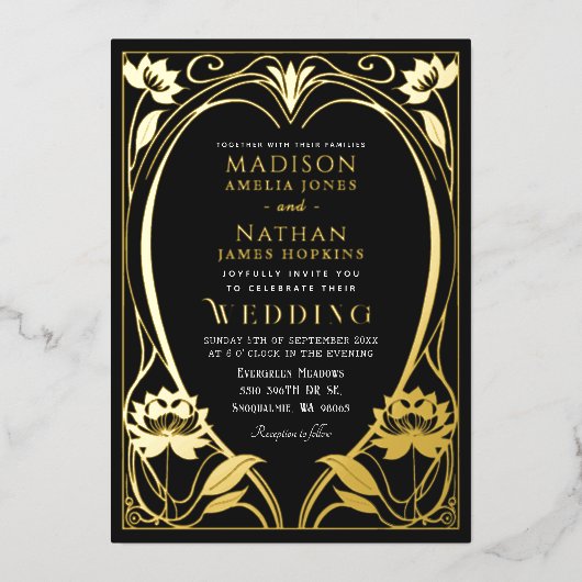 Lotus Art Nouveau Hochzeit Folieneinladung (Vorderseite)