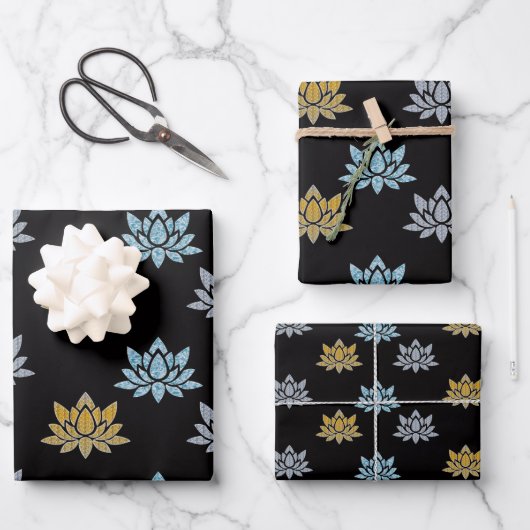 Lotus Blume Blau Silver Gold Yoga Flat Geschenkpapier Set (Vorderseite)