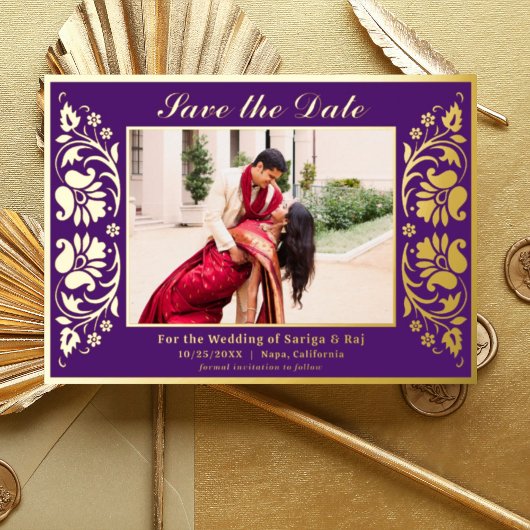 Lotus Blume Indianerin Save the Date mit Foto Gold Folieneinladung