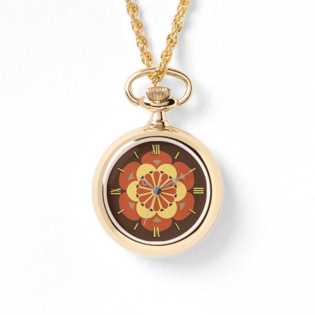 Lotus Blume Mandala, Braun, Rost und Gelb Armbanduhr (Vorderseite)