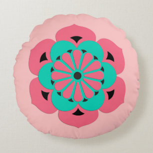Lotus Blume Mandala, Coral Pink und Türkis Rundes Kissen