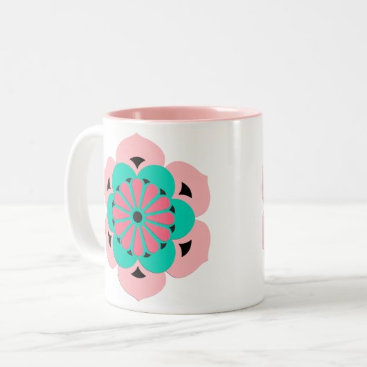 Lotus Blume Mandala, Coral Pink und Türkis Zweifarbige Tasse (Vorderseite Links)