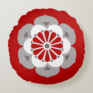 Lotus Blume Mandala, Dunkelrot, Grau und Weiß Rundes Kissen
