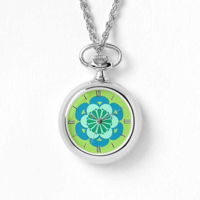 Lotus Blume Mandala, Lime Green und Light Blue Armbanduhr (Vorderseite)