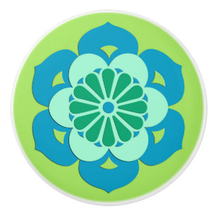 Lotus Blume Mandala, Lime Green und Light Blue Keramikknauf