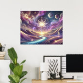 Lotus-Blume mit kosmischem Himmel und fließendem F Poster (Heimbüro)