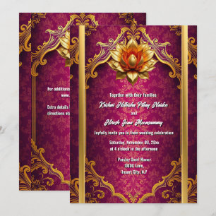 Lotus Blume plum gold Hindi Hochzeit Einladung