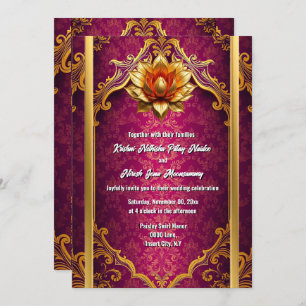 Lotus Blume plum gold Hindi Hochzeit Einladung