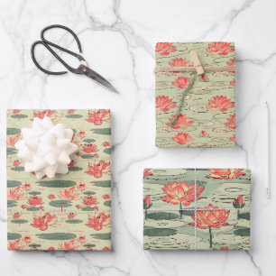 Lotus Blume Pond Pattern in Korallen und Sage Gree Geschenkpapier Set
