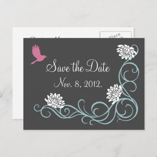 Lotus Blume Save the Date Postkarte (grau) (Vorne/Hinten)