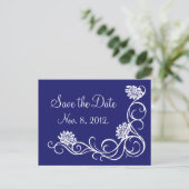 Lotus Blume Save the Date Postkarte (Indigo) (Stehend Vorderseite)