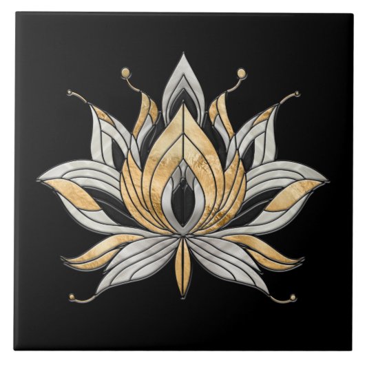 Lotus Blume - Schwarz, Perle und Gold Fliese (Vorderseite)