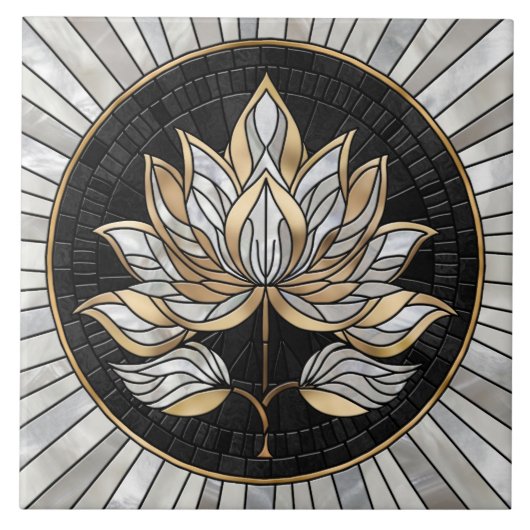 Lotus Blume - Schwarz, Perle und Gold Fliese (Vorderseite)