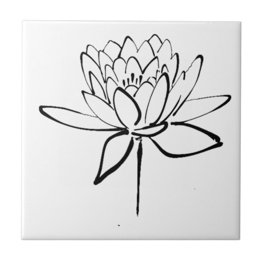 Lotus Blume Schwarz-Weiß Tinte Zeichnend Kunst Fliese (Vorderseite)