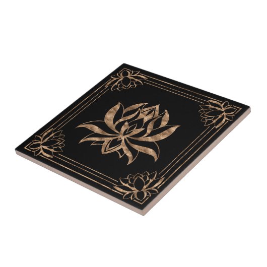 Lotus Blume Square Ornament - Schwarz und Gold Fliese (Seite)