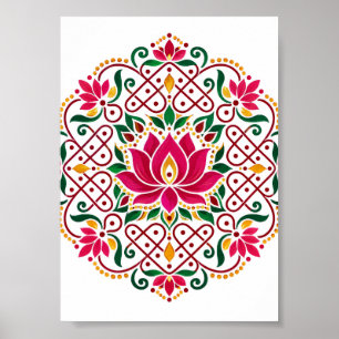Lotus Diya Kolam Rangoli Indisches Fest Floral Poster