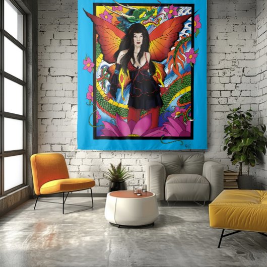 Lotus Fairy Chinese Water Dragon Wandteppich