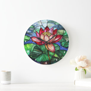 Lotus Floral Pond festes Glas Große Wanduhr