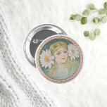 Lotus Flower Girl Button<br><div class="desc">Vintages,  junges Mädchen-Portrait mit Lotus-Blume an Kopf und Gesicht. Sie trägt ein kleines,  gelbes Band im blonden Haar. Sie ist mit einem dunklen,  aquamarinen Hintergrund gestrichen. Tinte rosa Rosen auf einem hellgrünen Rahmen. Ideal für alle alten Damen.</div>