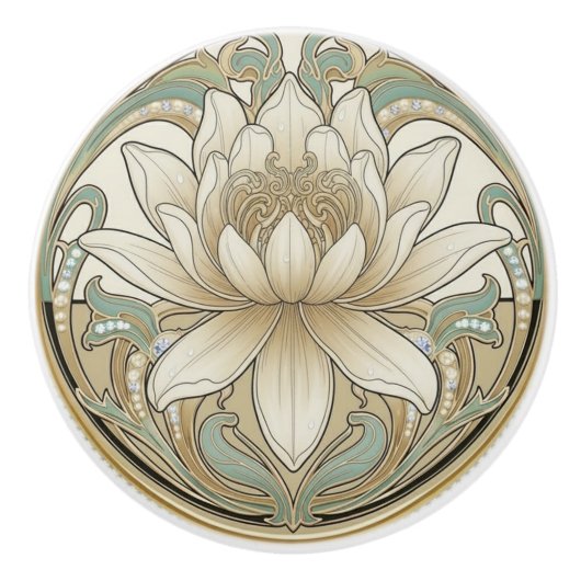 Lotus Flower Green Cream Gold Art Deco Nouveau Keramikknauf (Vorderseite)