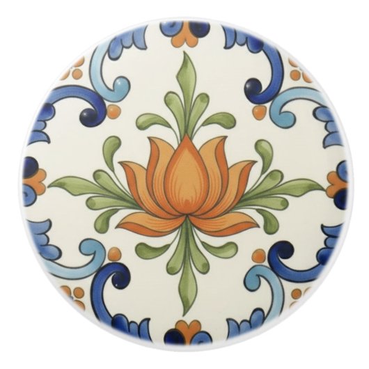 Lotus Flower Mediterranean Blue Cream Keramikknauf (Vorderseite)